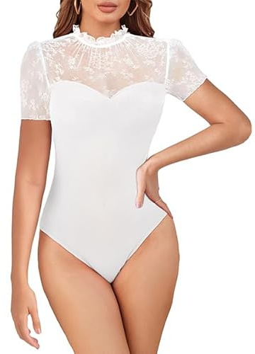 MAYFASEY Spetsbody damer spetsbody sexig kortärmad långärmad spets mesh bodysuits mock urringning eleganta transparenta toppar, B-vit, S