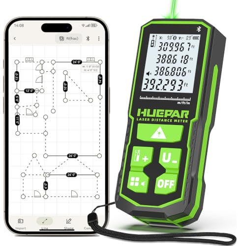 Huepar 120 m Télémètre Laser Vert Bluetooth S120‑G‑BT | Précision ±1,6 mm,Commande par App,Capteur d'angle,Sac de transport, Télémètre laser, Distanciomètre laser numérique