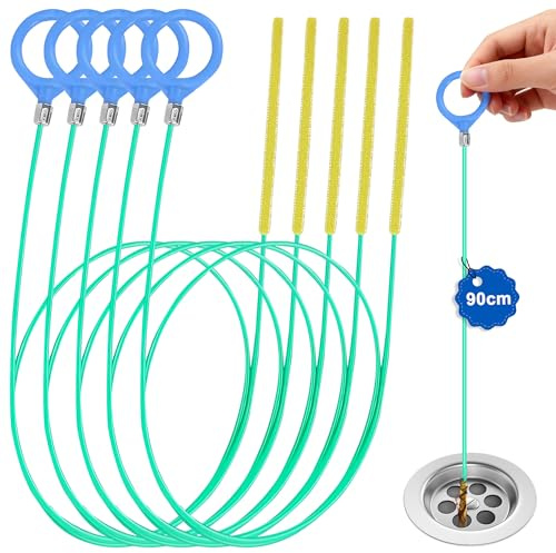 Zalava Pulitore per scarico a spirale, 5 pezzi, a spirale per la pulizia dei tubi, 90 cm, in acciaio infrangibile con rivestimento in nylon, pulitore per scarico e acque reflue, lavandino