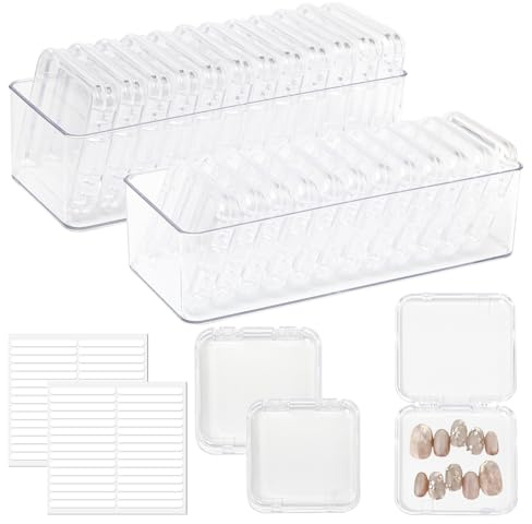 Pilikoll Kit Supporto Trasparente Espositori Unghie Finte per Nail Art | 24 Contenitori per Unghie in Acrilico,60 Nastro Biadesivo,2 Grande Scatole Imballaggio,Scatole Espositore Punte per Unghie