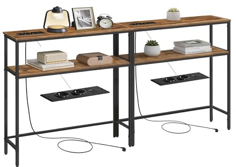 VASAGLE Konsolentisch, 2er Set, schmaler Sofatisch mit 2 Ablagen, 20 x 80 x 80 cm, Flurtisch mit Ladestation, für Wohnzimmer, Flur, Eingangsbereich, vintagebraun-tintenschwarz LNT135KD01-2J | Schmaler Sofatisch, Flurtisch, mit 2 Ablagen, für Wohnzimmer, Flur, Eingangsbereich, vintagebraun-tintenschwarz