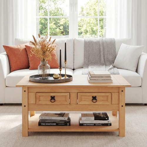 Panana Corona Coffee Table 2 Drawer Mexican Solid Pine,Waxed Solid Pine Wood,Traditional,Rustic 79 x 42 x 46 cm