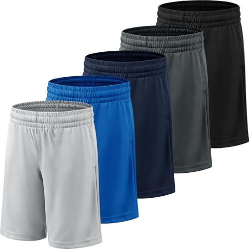 YOIOWVY Boys School Shorts PE Athletic Running Shorts Kids Casual 5Pcs | Breathable quick-dry polyester.2 Pockets,elastic waist,drawstring,machine washable.For basketball,football & daily play.