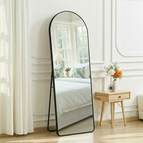 Clevich Grand Miroir sur Pied Noir 162x50 cm | Miroir Mural HD en Verre Trempé Incassable & Cadre Aluminium, Coins Arrondis pour Salon, Chambre, Dressing
