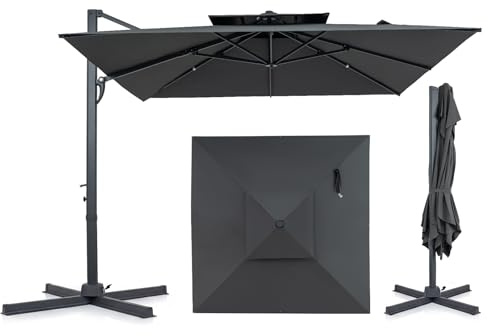 COSTWAY Sombrilla Terraza Exterior 3 x 3 m, Parasol Excentrico con Base, Manivela, Rotación de 360°, 8 Varillas Resistentes, Poste de Alumnio, Ventilación Superior, para Terraza Patio Piscina (Gris)