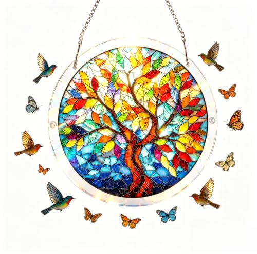 18.8CM Acrylic Puzzle Suncatcher Window Hanging,Hummingbird Flowers Stained Glass Sun Catchers for Windows,Stained Glass Sun Catchers for Windows,Emerald Flame Hummingbird Sun Catchers