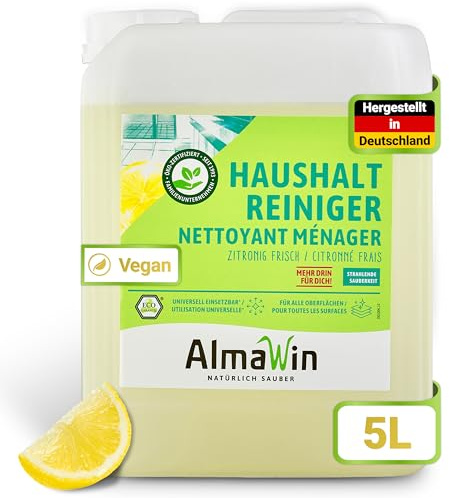 AlmaWin® Haushalt Reiniger [5L] zur Reinigung & Pflege wasserfester Oberflächen - Allzweckreiniger mit Zitronenduft - Universal Reiniger Konzentrat - Entfernt Schmutz, Fett & Staub - Bio & VEGAN