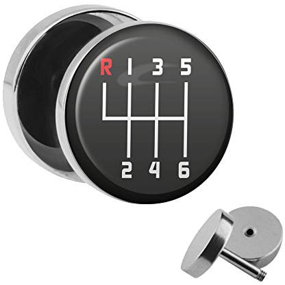 Treuheld | Ohrstecker zum Schrauben - Auto Gangschaltung - KFZ - Motiv Fake-Plug Ø 10mm Silber - Edel-Stahl Ohr-Ringe - Chirurgen-Stahl 316L Fake-Tunnel - Gewinde Ohr-Stecker - Fahr-Zeug