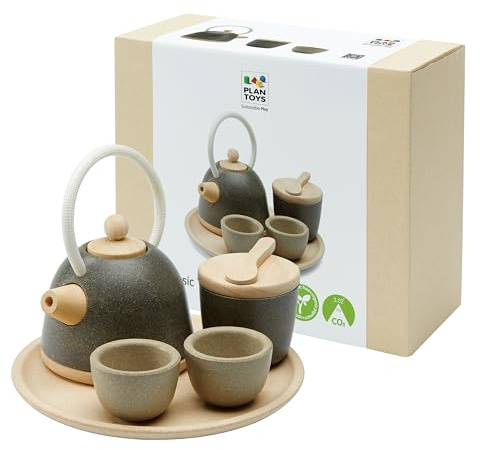 PlanToys® Wooden Classic Tea Set for Montessori Inspired Pretend Play | Social Interaction, Communication and Imaginative Role Play | Eco Friendly Wooden Tea Time Set for Creative Learning