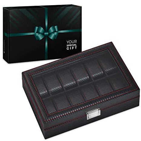 Maverton Uhrenbox für 12 Uhren - 33x21x8cm - Uhrenkasten aus Kunstleder - Schwarz - Geschenk zum Geburtstag für Damen und Herren