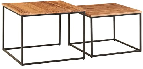 FineBuy Couchtisch 2er Set Akazie Massivholz Quadratisch, Satztisch | Beistelltische Industrial mit schwarzem Metallgestell, Wohnzimmertische aus Echtholz, handgefertigt