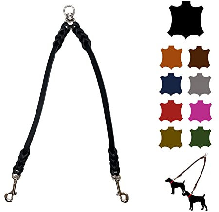 Hundeleine Doppelleine für 2 Hunde/Koppelleine Fettleder/Verbindungsleine kleine Hunde/große Hunde (35cm Breite: 12mm, Schwarz)