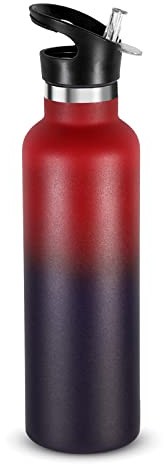 Volhoply 750ml Trinkflasche Edelstahl mit Strohhalm,Doppelwandig Vakuum Isolierte Thermosflasche Kinder,Metall Auslaufsicher Thermobecher FüR Sport, Schule, Outdoor (Rot-Lila Farbverlauf,24 OZ)