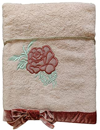 L'ATELIER 17 Set 2 Asciugamani da Bagno e Ospite in Spugna di Cotone con Rosa e Fiocco, Collezione Velvet Rose Shabby Chic 6 Varianti Cipria