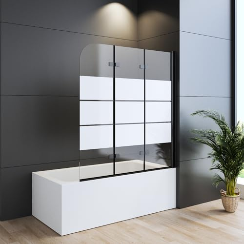 WDWRITTI Duschwand für Badewanne 120x140cm Faltbar 3-teilig Schwarz, Gestreift Badewannenaufsatz Duschtrennwand aus 6mm ESG Sicherheitsglas, Duschabtrennung für Badewanne
