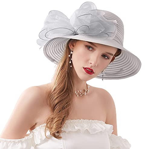 Naimo Damen Organza Kirche Kentucky Hüte Derby Fascinator Hut Elegante Schleife Breite Krempe Brauthut Tea Party Hochzeit Sonnenhut