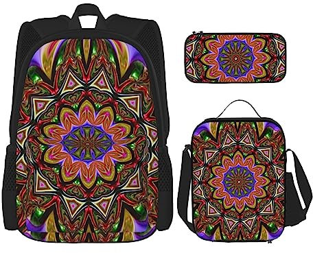 OPSREY Kaleidoskop-Rucksack mit großem Fassungsvermögen, Reisetagesrucksack mit Lunchtasche und Federmäppchen, 3-in-1, für Damen und Herren, Schwarz, Einheitsgröße, Schwarz , Einheitsgröße