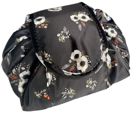 Lazy Drawstring Make up Bag, Flat Lay Makeup Bag, Large Capacity Waterproof Travel Portable Cosmetic Bag Pouch Makeup Pouch Storage Organiser for Women Girl (Black Flower)