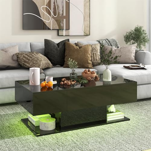 COSTWAY Couchtisch mit LED Beleuchtung, Hochglanz, 20 Farben | Helligkeit einstellbar, Wohnzimmertisch mit 2 Schubladen, Kaffeetisch für Wohnzimmer, inkl. Fernbedienung, 110x60x40 cm (Schwarz)