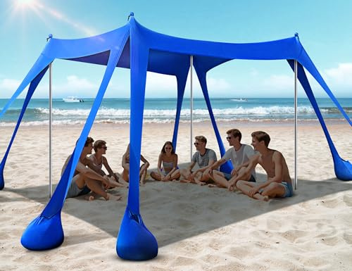Rengue Strandzelt, Strandüberdachung UPF50+ UV-Schutz, 3.0x3.0m Strandschatten-Sonnenschutz mit 8 Sandsäcken, Sandschaufeln, Heringen, Stabilitätsstangen für Camping, Angeln, Picknick, Hinterhofspaß