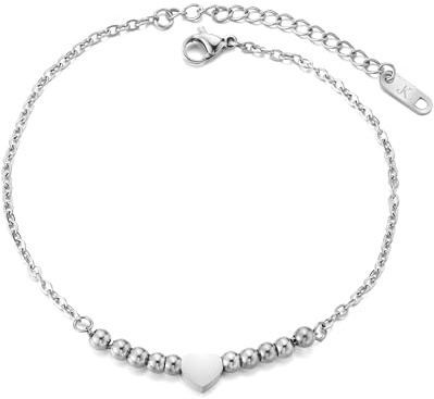 Kim Johanson® Edelstahl Damen Fußkettchen *Viola* in Silber & Roségold | Herz Fußkette mit vielen festen Kugeln | Wasserfest | Boho Schmuck für Frauen | Verstellbare Länge | Schmuckbeutel