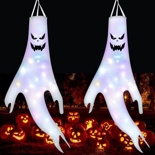 Halloween Decoration Outdoor, 120 cm Halloween Ghost Windsock Garden Hanging Windsocks with 3 Light Modes, 20 LEDs, Halloween Windsocks for Carnival Party Patio Tree Porch Decoration (120 cm)