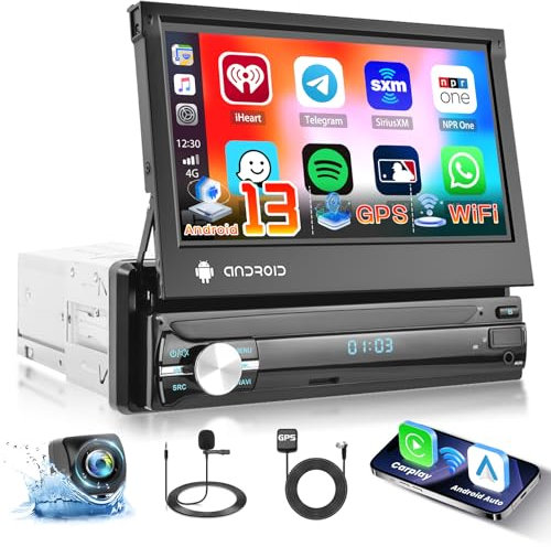 Ohradio Android 15 Autoradio 1 DIN avec Écran Rétractable de 7 Pouces - CarPlay sans Fil Android Auto sans Fil Lien Miroir GPS Bluetooth FM/RDS SWC+Caméra de Recul+MIC