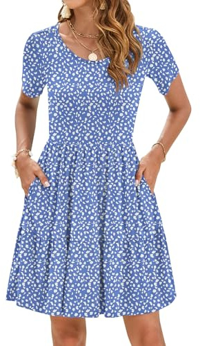 AUSELILY Robe d'Été Femme Robe Décontractée de Plage Robe T-Shirt Élégante avec Ourlet Volant Manches Courtes et Poches Point Bleu S