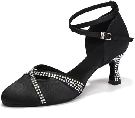 ZYXWVU Women Latin Dance Shoes Closed Toe with Rhinestone Salsa Tango Ballroom Practice Dancing Shoes for Wedding Party Black, 8.5 US