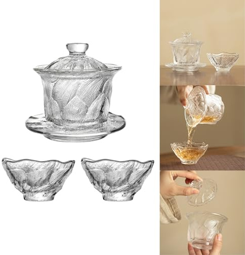 Boxonly Juego de té vintage de vidrio helado, incluye 2 tazas de té hechas a mano (90 ml cada una) y 1 Gaiwan con tapa y platillo, elegante juego de té Kung Fu para el hogar u oficina, cristalería