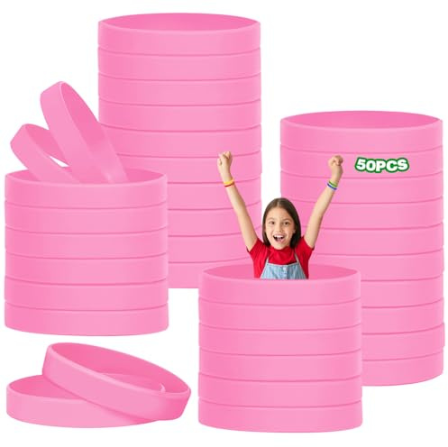 HONTIUS 50 Pezzi Braccialetti In Silicone, 8'' Braccialetti In Gomma, Vuoto Elastici di Gomma per per Adulti Uomo Donna Scuola Insegnante Squadra Festa Fitness Corsa Sport Rosa