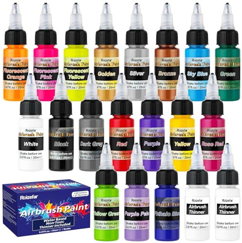 Roizefar Airbrush Farben, Air brush Paint Set 18 Acrylfarben+2 Airbrush Verdünner Kombinat Airbrush-Set für DIY, Aquarell, Ölmalerei usw. Schnelltrocknend, undurchsichtig Neon Farbe 20 ml/Dose