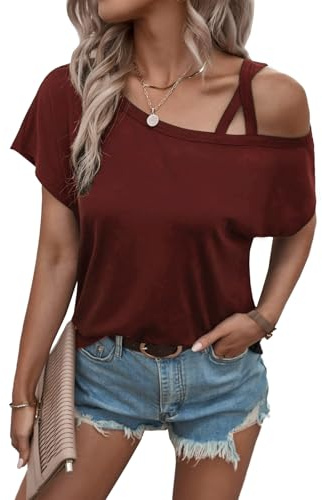 Rayson Camisetas para Mujer Color Sólido Basicas Casual T-Shirt Verano de Manga Corta Un Hombro Halter Top Cuello Redondo Pullover Blusa Playeras Rosso Vino L