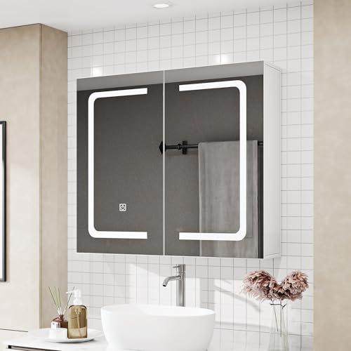 ALEAVIC Spiegelschrank Bad mit Beleuchtung 70x60cm Breit mit Razors Steckdose und 2 USB Buchsen, Badezimmer Schrank 16cm Tief - Smart Mirror mit 3 Einstellbare Lichtfarben