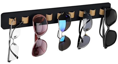 YUDAWN Sunglasses Organizer, Wall Mounted Sunglasses Holder Wood Sunglasses Racks Self-adhesive Sunglasses Stand Display Storage for Men or Women Home Decoration, Black