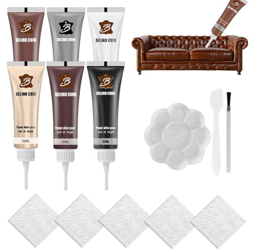 6 Farben Kunstleder Reparaturset, Lederreparatur Creme, Leder Reparatur Set, Braun Mixbar Fiussigleder Reparatur Creme Set, mit Schwamm & Poliertuch, für Auto Lederlenkrad Sofa Gürtel Kratzer Risse