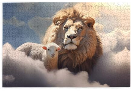 Holzpuzzle 1000 Teile WZYWHJ Lamm mit Löwe auf den Wolken gedruckt für Erwachsene und Kinder, perfekt für Familienspaß, Stressabbau