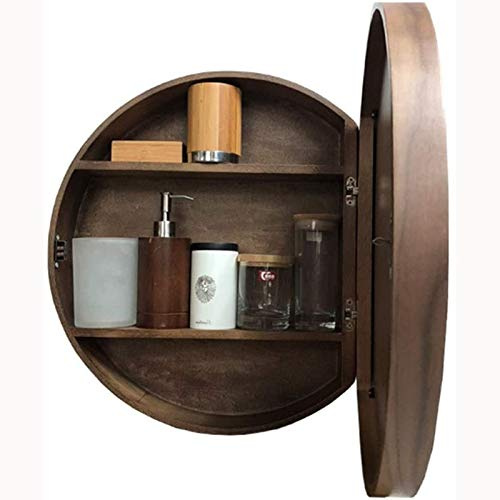 Espejo de tocador de baño de madera maciza con función de almacenamiento, espejo redondo montado en la pared para baño, espejo de almacenamiento de muebles grandes, color nogal negro, 50 cm