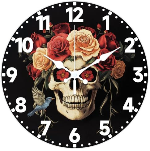 CHGCRAFT Schädel Wand Uhr 12 Zoll Rote Rose Uhr Batteriebetrieben Leise Nicht Tickend Weiße Rose Runde Dekorative Uhr für Home Office Dekoration