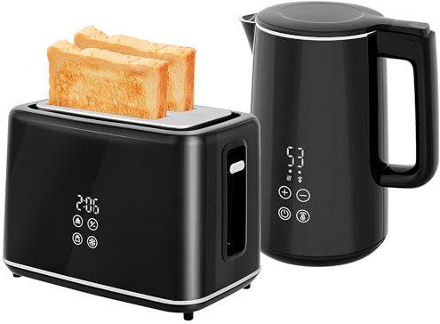 HOMCOM Wasserkocher Toaster Set mit 2 Scheiben Toaster, Schwarz | Edelstahl, AutomatischeAbschaltung, Warmhaltefunktion, 1,5L 2200W 40-100°C Wasserkocher, 7 Bräunungsstufen