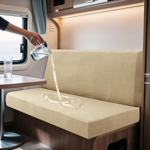SYLC 2 Piezas Impermeable Fundas Cojin Autocaravana, Caravana Fundas De Asiento Y Respaldo con Corbatas, Campervan Cubierta De Cojín para Sofá Jacquard (Checkered Beige,Rectangular L)