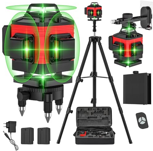 Niveau Laser 4 x 360° Autonivelant, Lazer Niveaux 4D 16 Lignes Laser avec 2 x 2400mAh Batterie Rechargeable, Nivellement Automatique, Support Réglable, Base Rotative, Télécommande, IP54