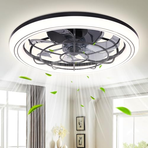 Viugreum 49CM Ventilateur de Plafond avec Lumière et Telecommande, Dimmable LED Ventilateur Plafond 3000K/4500K/6500K, Réversible Mode, 6 Vitesses de vent réglable, 2H Minuterie, Boîtier Noir