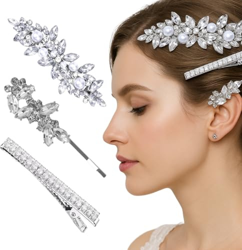 3 Piezas Clips de Pelo de Perlas de Pedrería, Horquilla de Boda Pinzas para el Cabello de Diamantes de Imitación Barrette de Pelo de Perlas de Cristal Brillante para Mujeres y Niñas