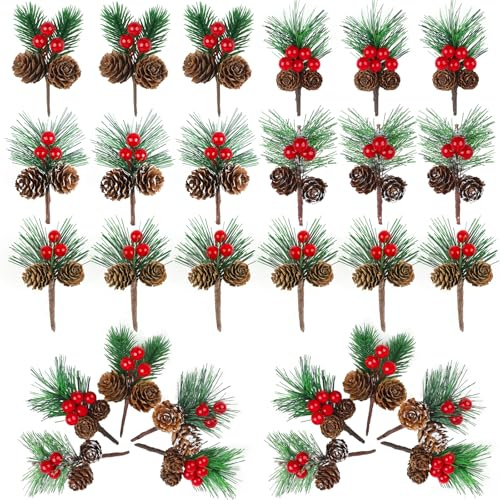 DETENE 25 Stück Künstliche Tannenzapfen Weihnachtsdeko Realistische Künstliche Tannennadeln mit Roten Beeren für Weihnachtsbaum Dekorationen DIY Feiertagsgirlande Kranz