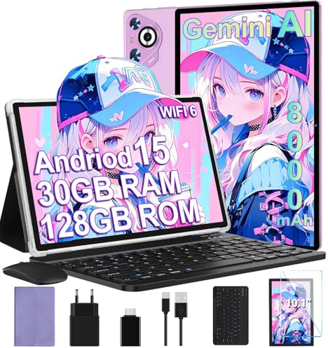 Tablet Android 15, 30GB RAM 128GB ROM(TF 2TB Expandible), 10 Pulgadas, 8000mAh, WIFI 5G, GPS/BT5.0/OTG, Face ID, Widevine L1, Tableta de Cuerpo Metálico con Teclado, Mouse y Funda Protectora -Violeta