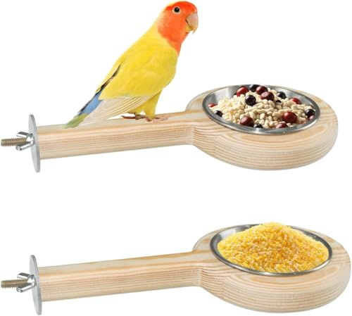 2 Pcs Bird Food Bowls Parrot Stand Perches Natural Wood Standing Stick Stainless Steel Feeding Cup Bird Cage Water Cups with Clamp Holder for Budgies Parakeet Macaw Cockatiel Conure Lovebird
