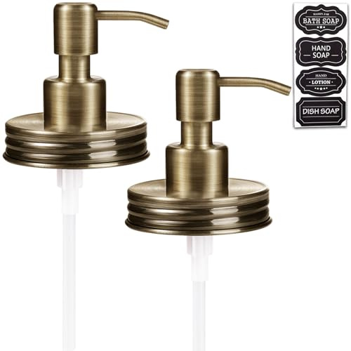 Amolliar Mason Jar Liquid Soap Dispenser Pump Lid, Rust Proof Stainless Steel, Farmhouse Decor for Kitchen, Bathroom, Bath, Refill Liquid Soap Pump for Hand Soap, Dish Soap, Lotion Soap, Brass 2 Pack