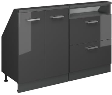 Vicco Küchenschrank für Dachschrägen R-Line, Anthrazit Hochglanz, 120 cm | 2 Module · Tiefe 46 cm · Höhenverstellbare Füße · 2 Schubladen · 2 Türen
