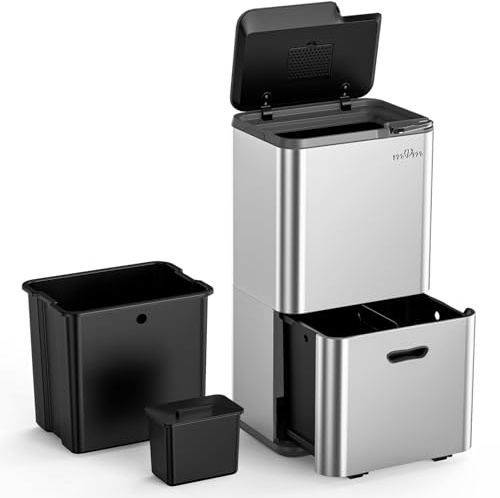mVm Mülleimer Küche,63 Liter Treteimer,3 Fächer, Mülltrennsystem, Abfalleimer Küche mit Inneneimer aus Kunststoff,Metall,Klappdeckel, Softclose, Luftdicht